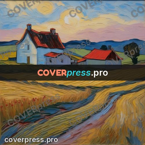 Van Gogh style artwork: white house by a wheat field