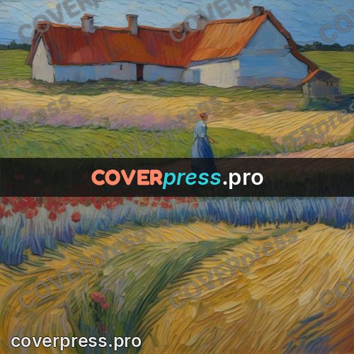Van Gogh style artwork: white house by a wheat field