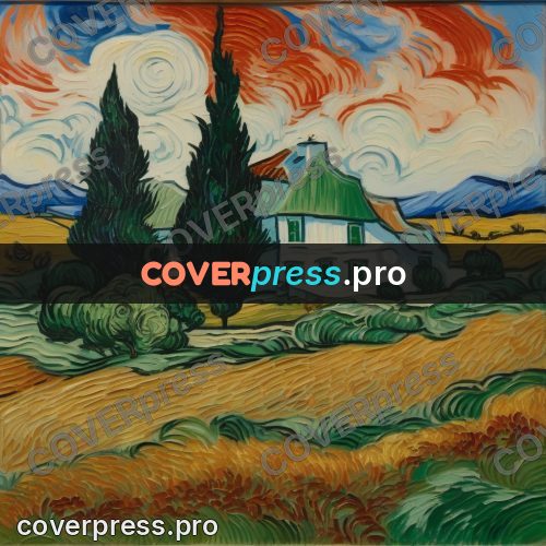 Van Gogh style artwork: house with cypresses