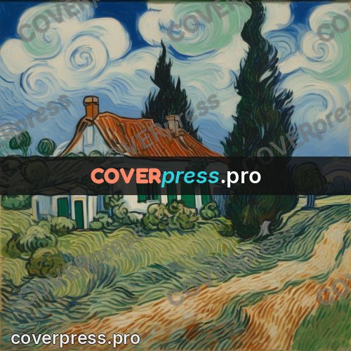 Van Gogh style artwork: house with cypresses