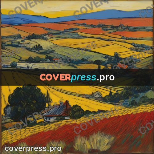 Van Gogh style artwork: hills with fields to the horizon