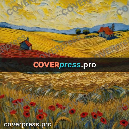Van Gogh style artwork: poppy field by a house