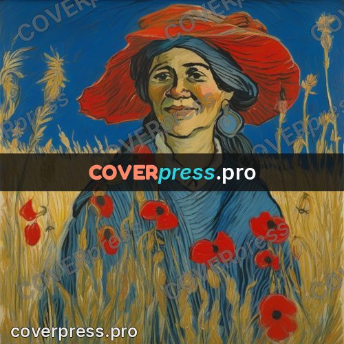 Van Gogh style artwork: woman in a hat among poppies