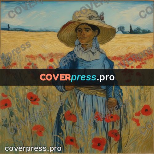 Van Gogh style artwork: woman in a hat among poppies