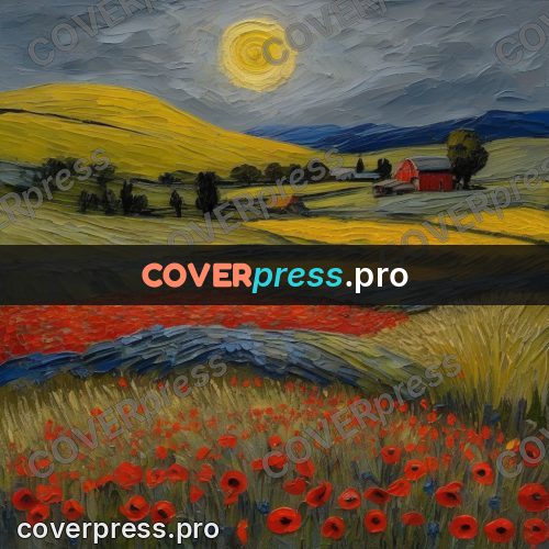 Van Gogh style artwork: sun above a poppy field