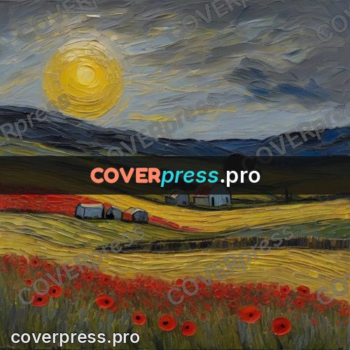 Van Gogh style artwork: sun above a poppy field
