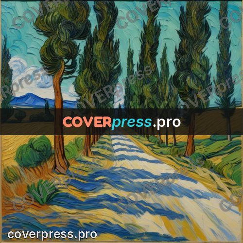 Van Gogh style artwork: road between cypresses