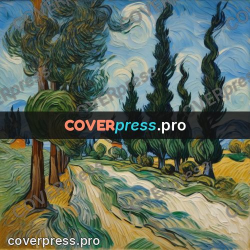 Van Gogh style artwork: road between cypresses