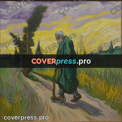Van Gogh style artwork: traveller on a road among trees