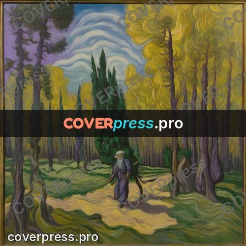 Van Gogh style artwork: traveller on a road among trees