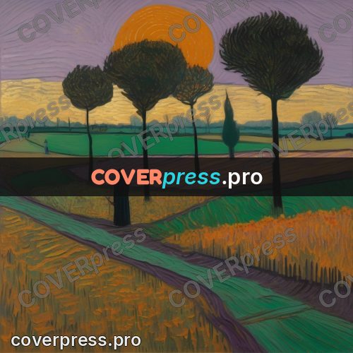 Van Gogh style artwork: trees by a road at sunset