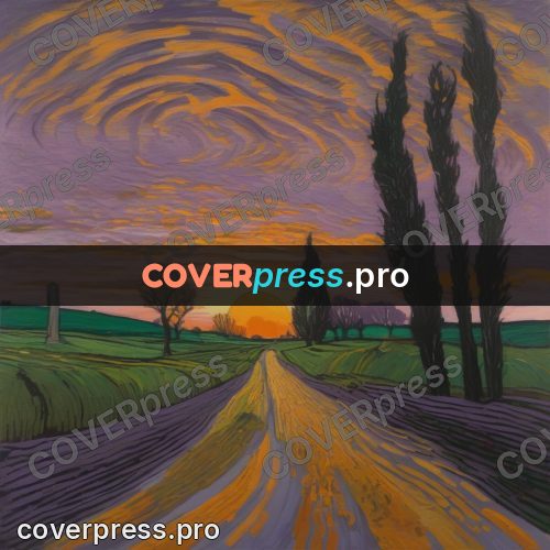 Van Gogh style artwork: trees by a road at sunset