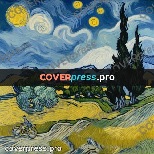 Van Gogh style artwork: cypress under a starry sky
