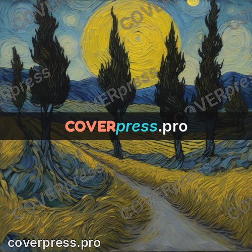 Van Gogh style artwork: cypress under a starry sky