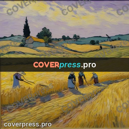 Van Gogh style artwork: harvesters in a wheat field