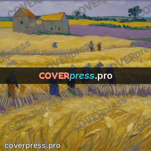 Van Gogh style artwork: harvesters in a wheat field
