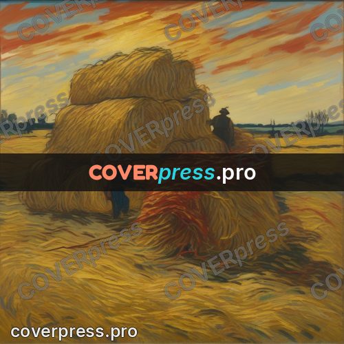 Van Gogh style artwork: haystack and workers
