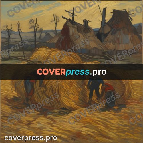 Van Gogh style artwork: haystack and workers