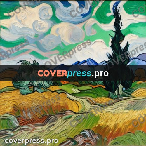 Van Gogh style artwork: cypress by a wheat field