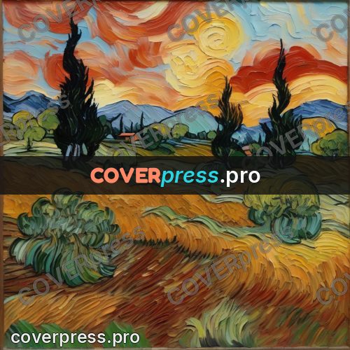 Van Gogh style artwork: cypress by a wheat field