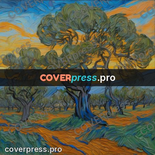 Van Gogh style artwork: olive trees at sunset