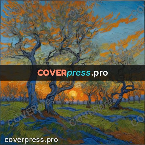 Van Gogh style artwork: olive trees at sunset