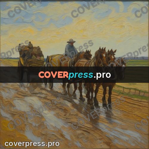 Van Gogh style artwork: horse team on a road