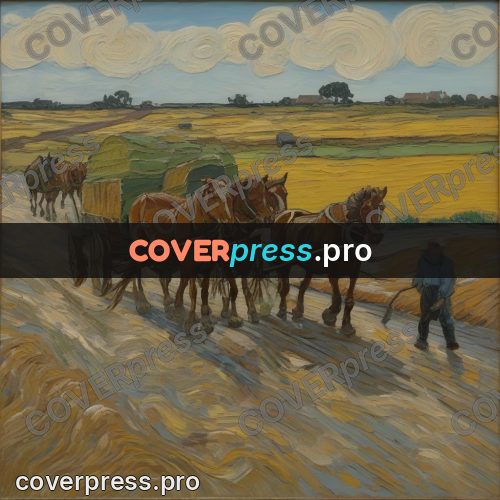 Van Gogh style artwork: horse team on a road