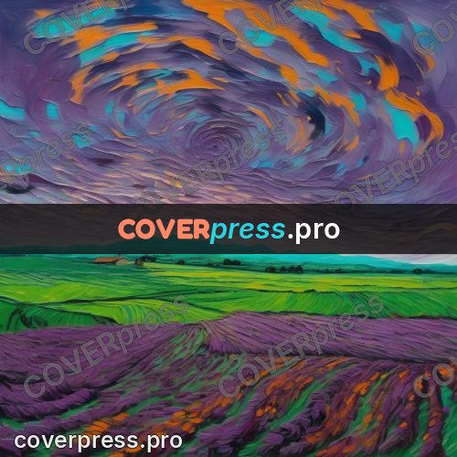 Van Gogh style artwork: banded fields at sunset
