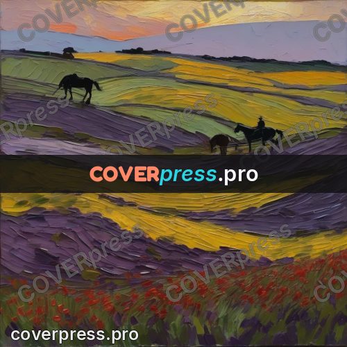 Van Gogh style artwork: horses on a violet field