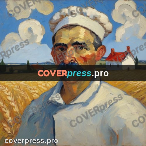 Van Gogh style artwork: baker with bread in a field