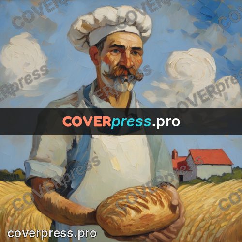 Van Gogh style artwork: baker with bread in a field