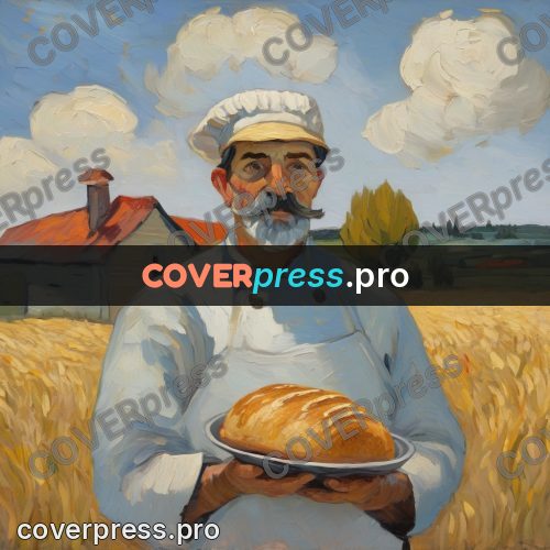 Van Gogh style artwork: baker with bread in a field