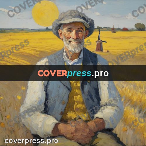 Van Gogh style artwork: old man by a windmill field