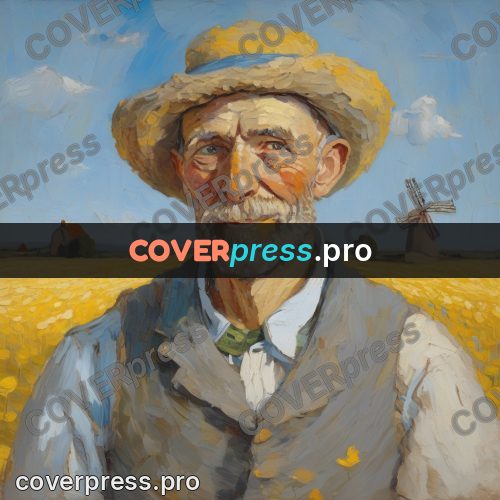 Van Gogh style artwork: old man by a windmill field