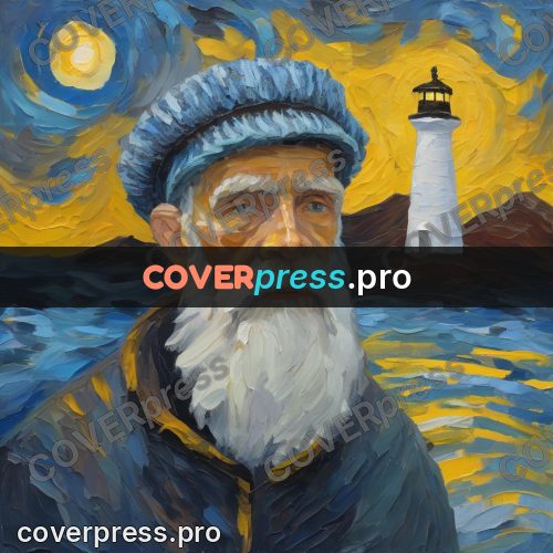 Van Gogh style artwork: keeper by a lighthouse at night