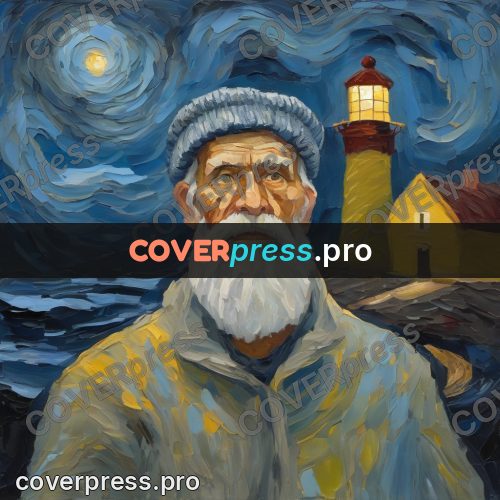 Van Gogh style artwork: keeper by a lighthouse at night