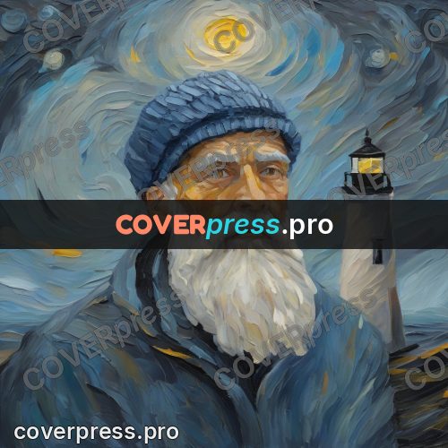 Van Gogh style artwork: keeper by a lighthouse at night