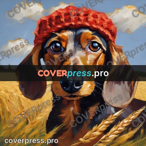 Van Gogh style artwork: dachshund in a red hat