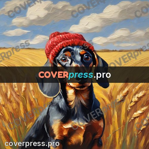 Van Gogh style artwork: dachshund in a red hat