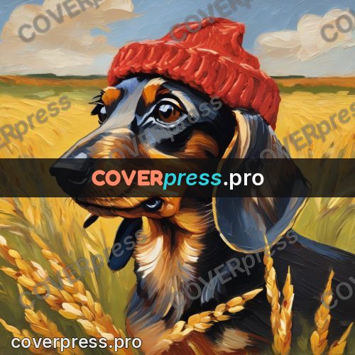 Van Gogh style artwork: dachshund in a red hat