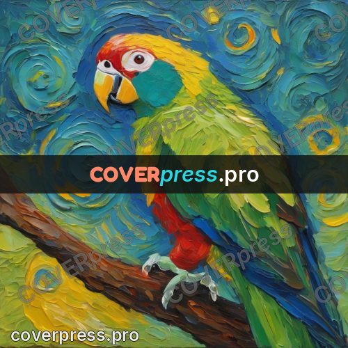 Van Gogh style artwork: green parrot on a branch