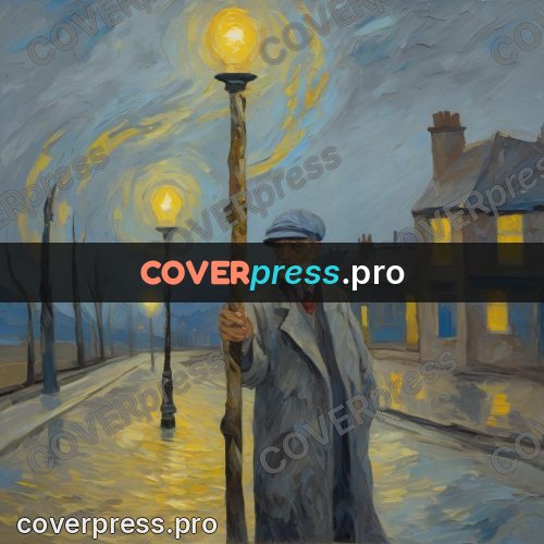 Van Gogh style artwork: lamplighter by a street lamp
