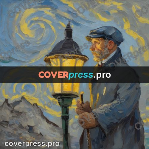 Van Gogh style artwork: lamplighter by a street lamp