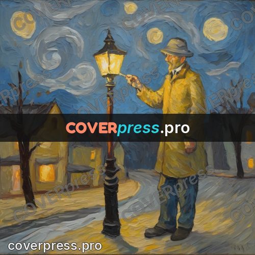 Van Gogh style artwork: lamplighter by a street lamp