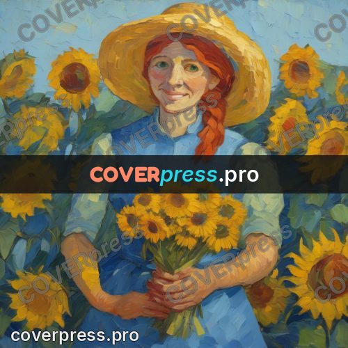 Van Gogh style artwork: woman among sunflowers