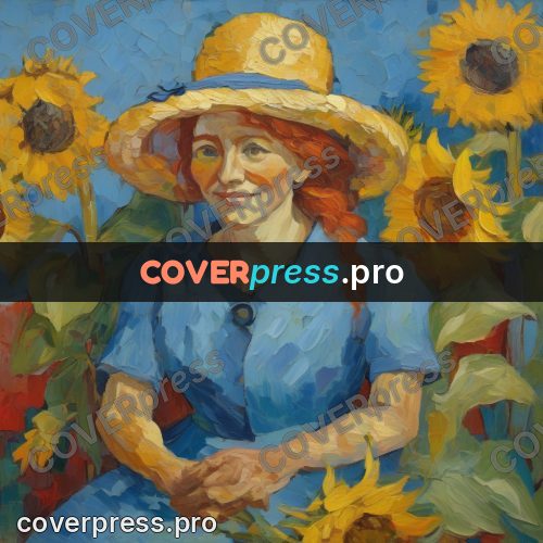 Van Gogh style artwork: woman among sunflowers