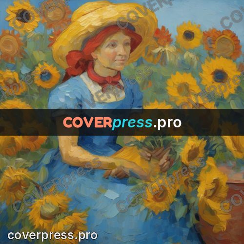 Van Gogh style artwork: woman among sunflowers