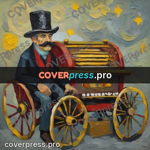 Van Gogh style artwork: organ grinder with a cart