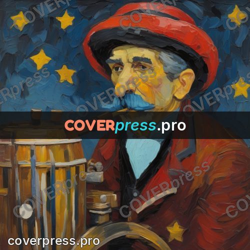 Van Gogh style artwork: organ grinder with a cart